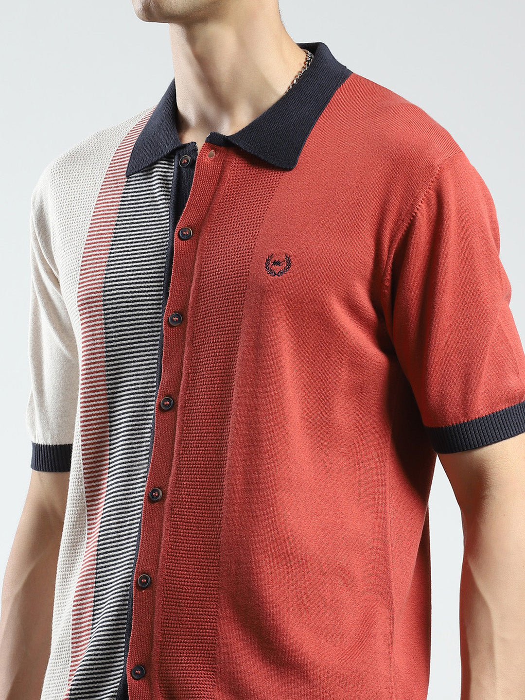 Men Rust Self Design Collar Half Sleeve T-Shirt