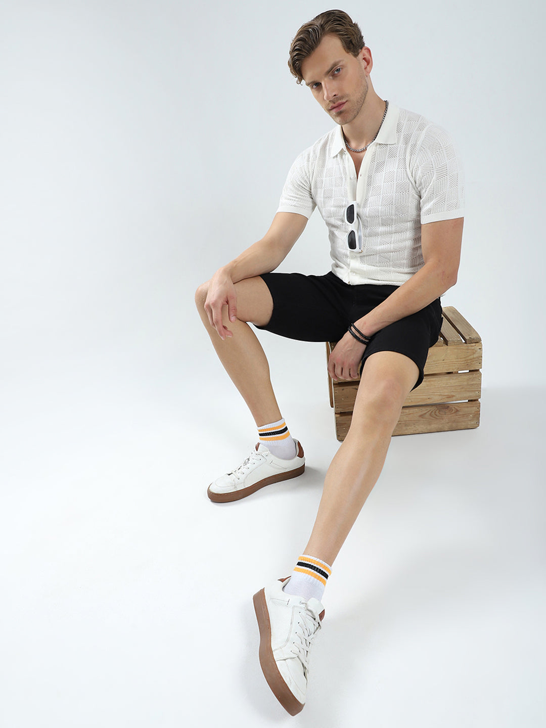 Men White Self Design Collar Half Sleeve T-Shirt