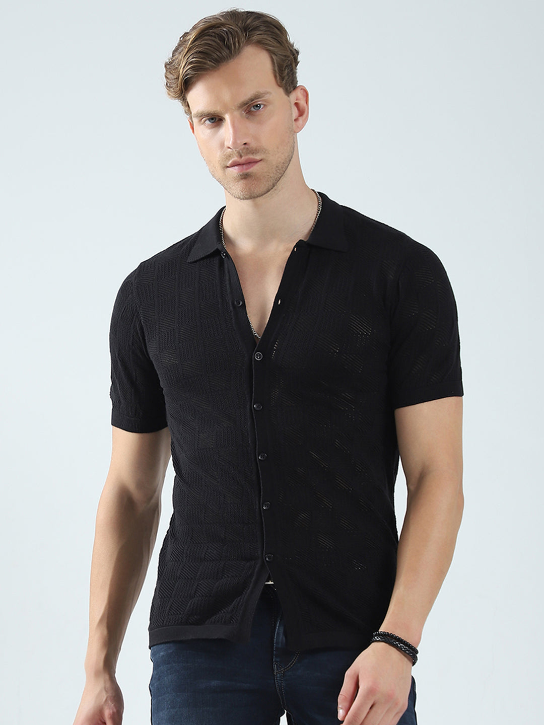 Men Black Self Design Collar Half Sleeve T-Shirt