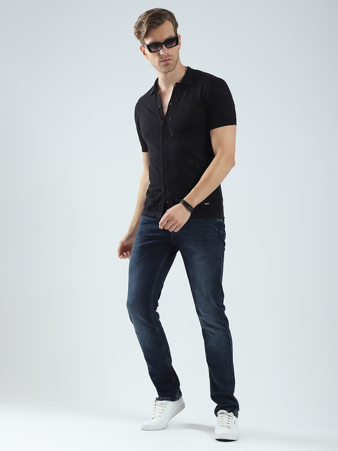 Men Black Self Design Collar Half Sleeve T-Shirt