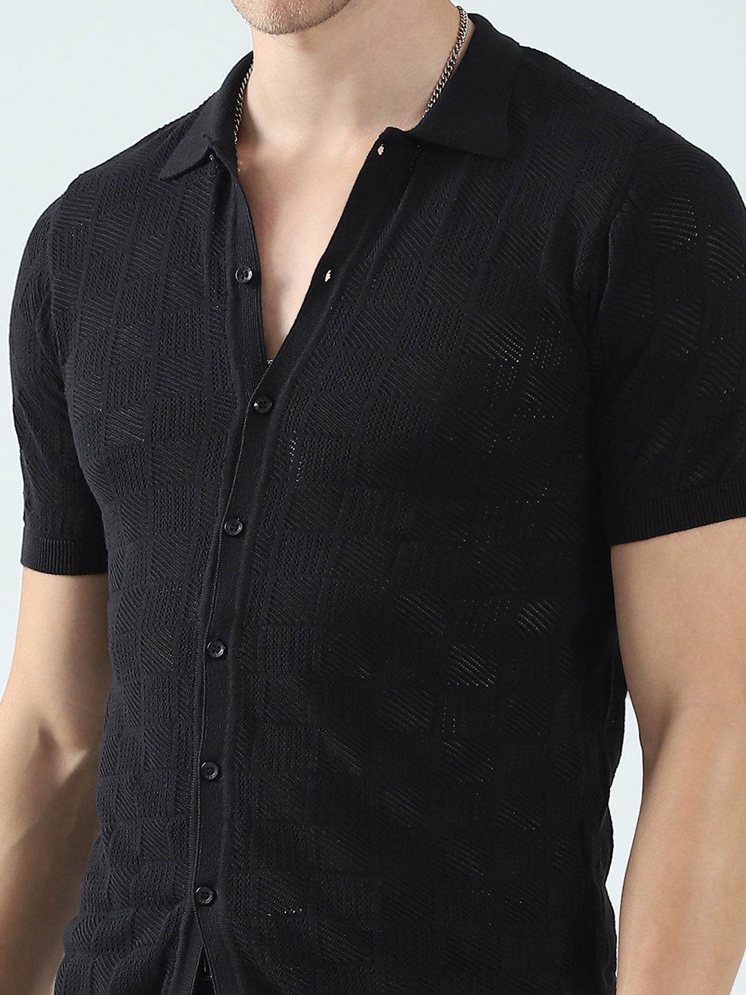 Men Black Self Design Collar Half Sleeve T-Shirt