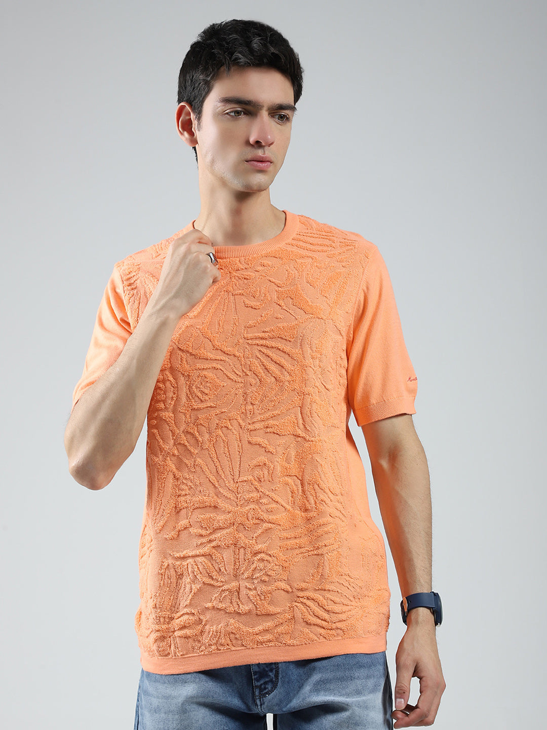 Men Orange Self Design Round Neck Half Sleeve T-Shirt