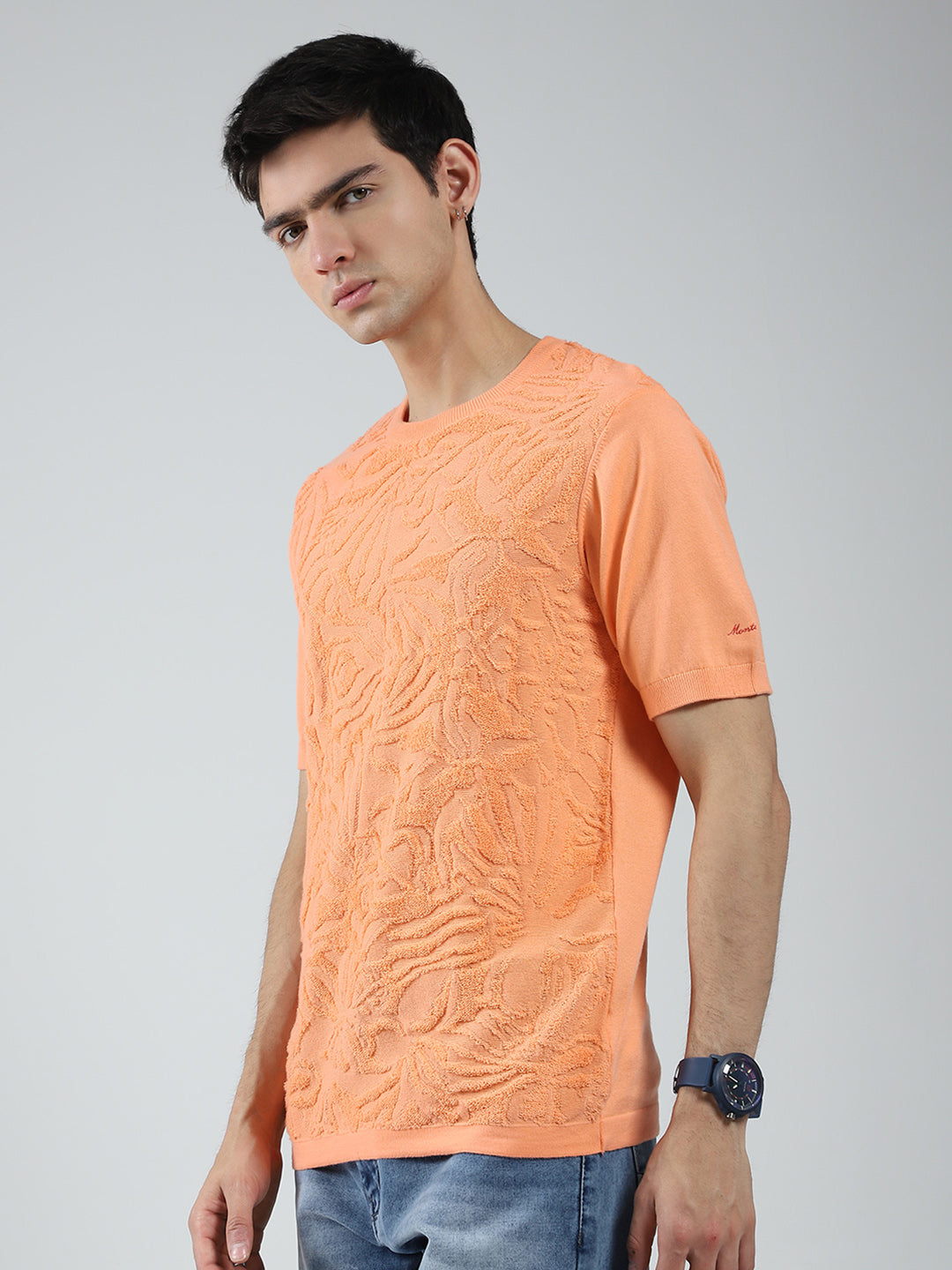 Men Orange Self Design Round Neck Half Sleeve T-Shirt