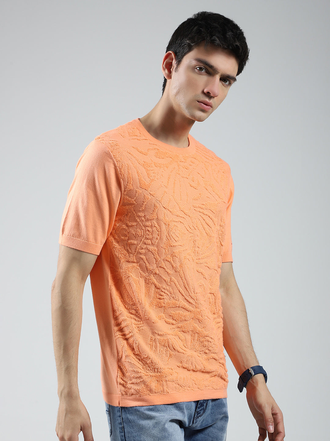 Men Orange Self Design Round Neck Half Sleeve T-Shirt