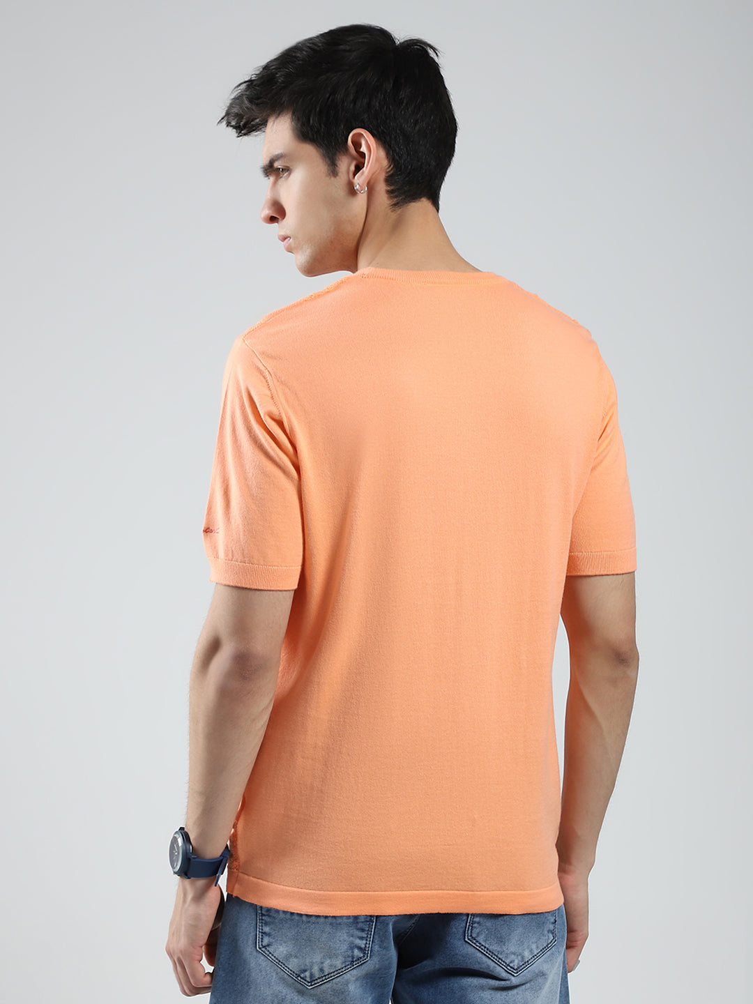 Men Orange Self Design Round Neck Half Sleeve T-Shirt