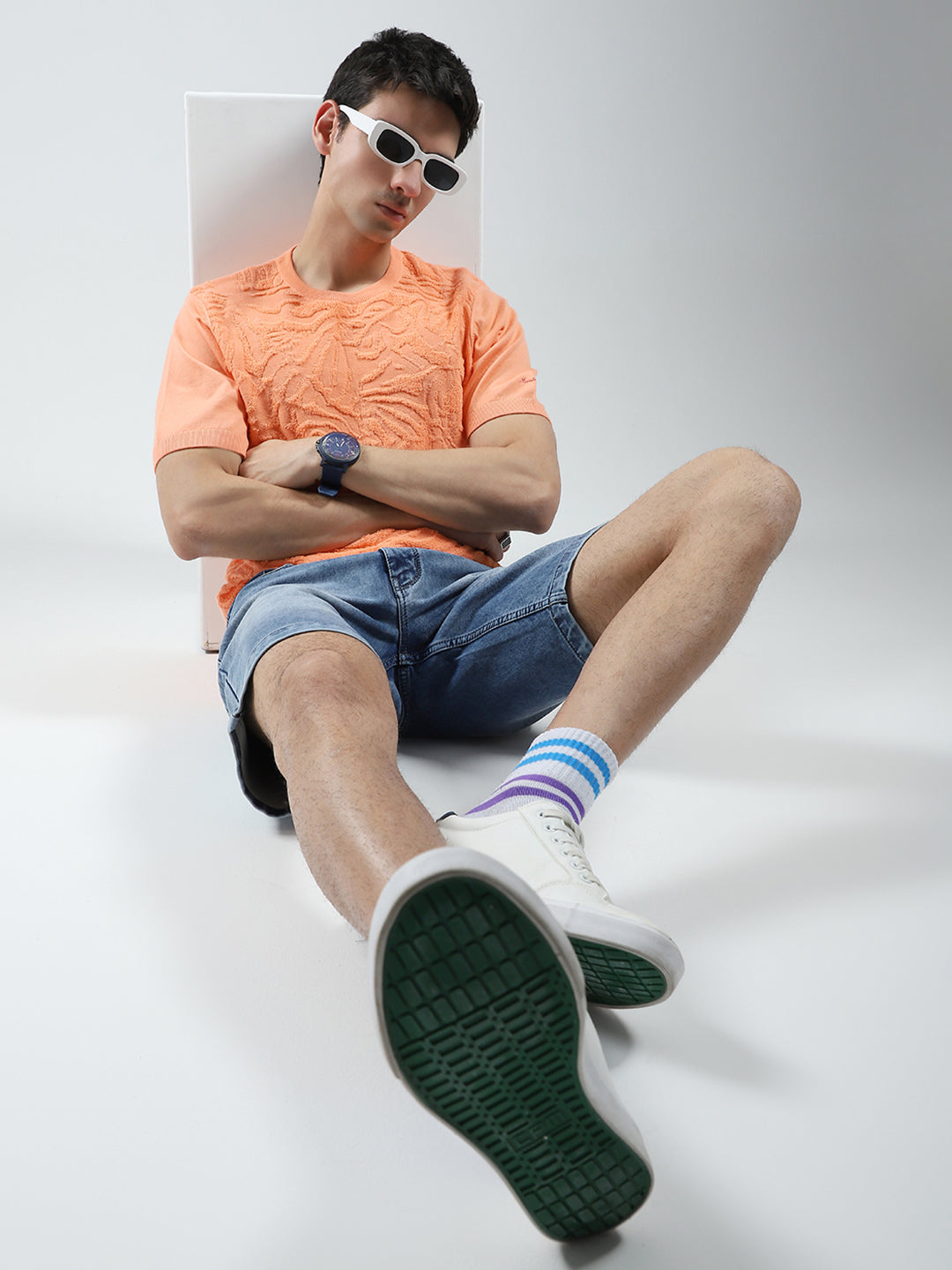 Men Orange Self Design Round Neck Half Sleeve T-Shirt