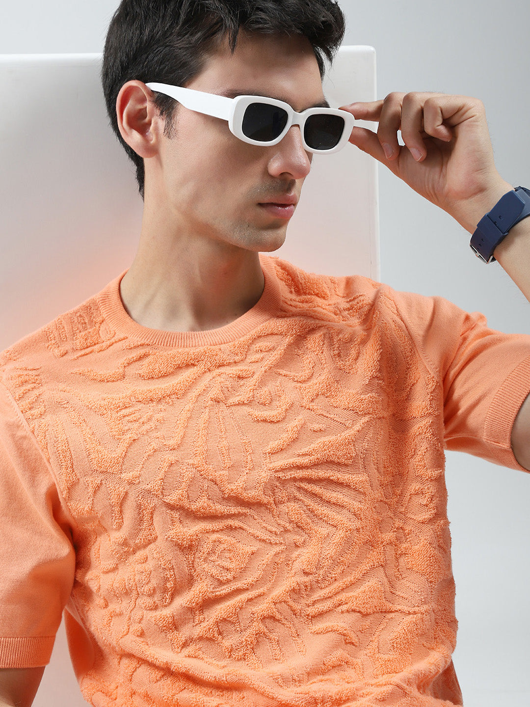 Men Orange Self Design Round Neck Half Sleeve T-Shirt