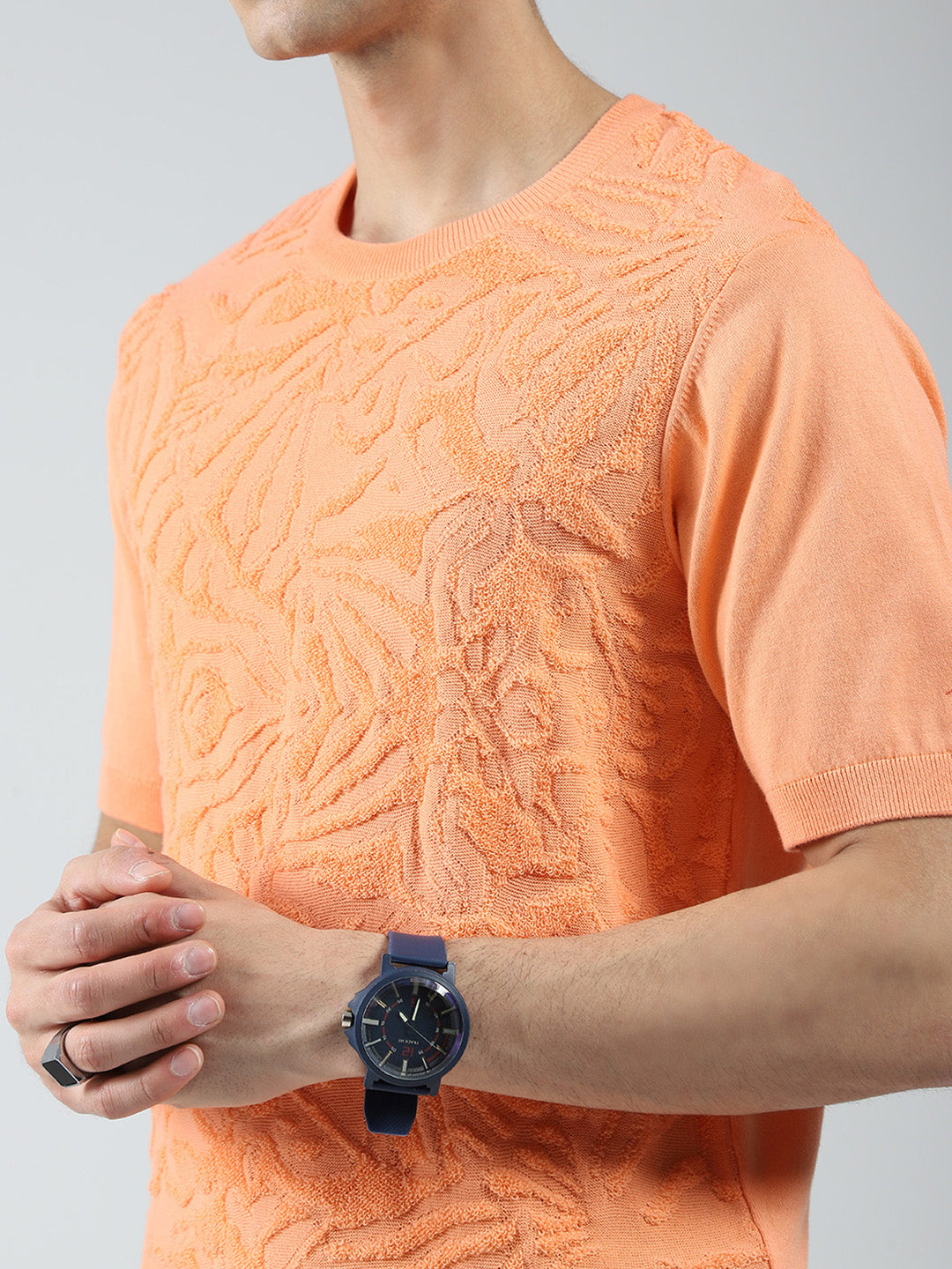 Men Orange Self Design Round Neck Half Sleeve T-Shirt