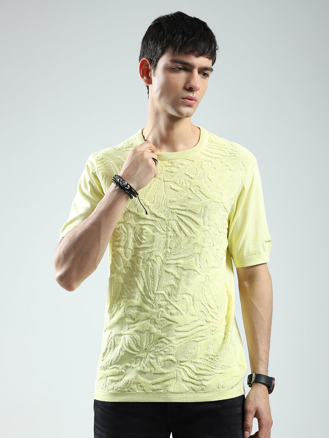 Men Yellow Self Design Round Neck Half Sleeve T-Shirt