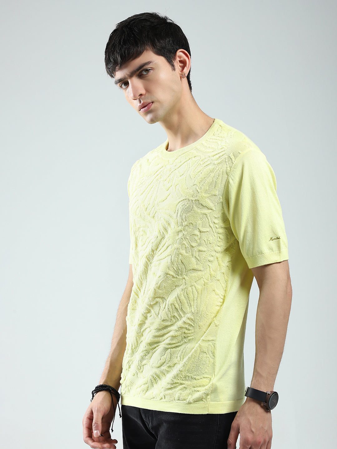 Men Yellow Self Design Round Neck Half Sleeve T-Shirt