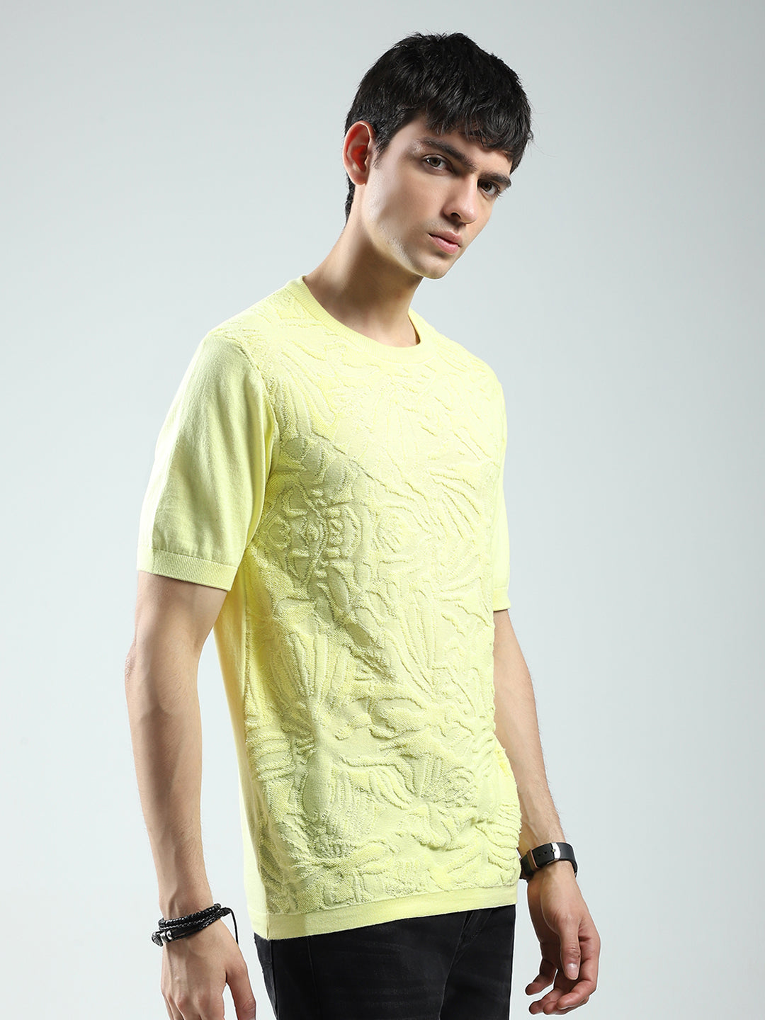 Men Yellow Self Design Round Neck Half Sleeve T-Shirt
