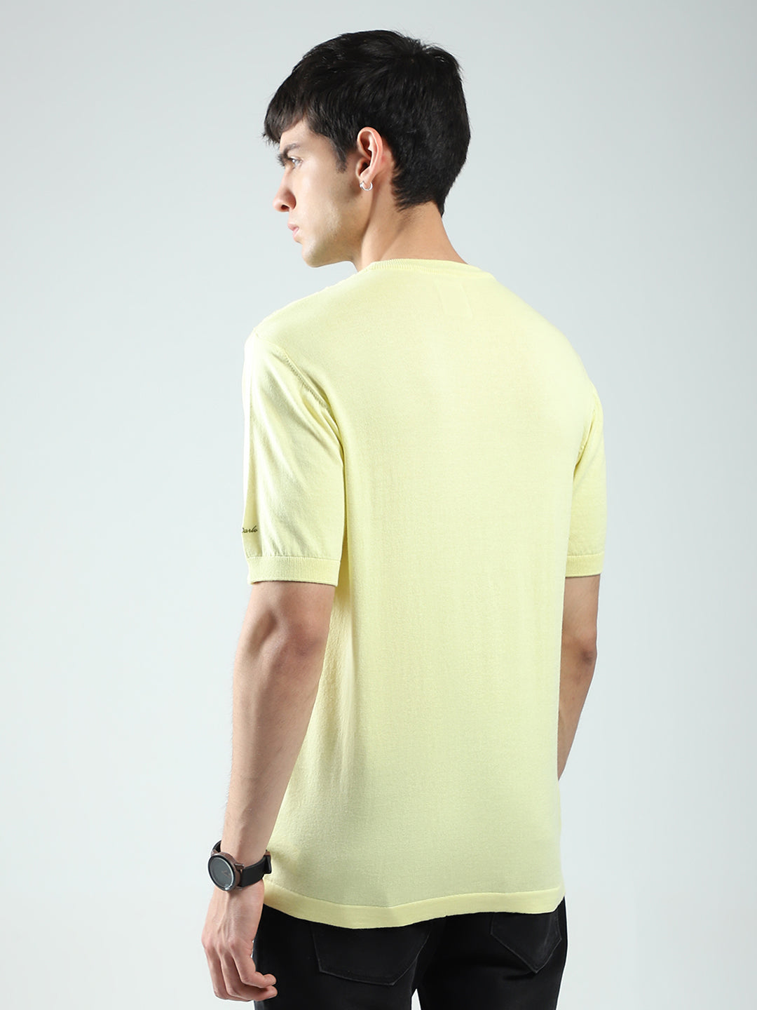 Men Yellow Self Design Round Neck Half Sleeve T-Shirt