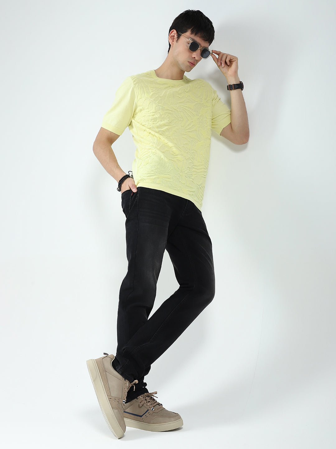 Men Yellow Self Design Round Neck Half Sleeve T-Shirt