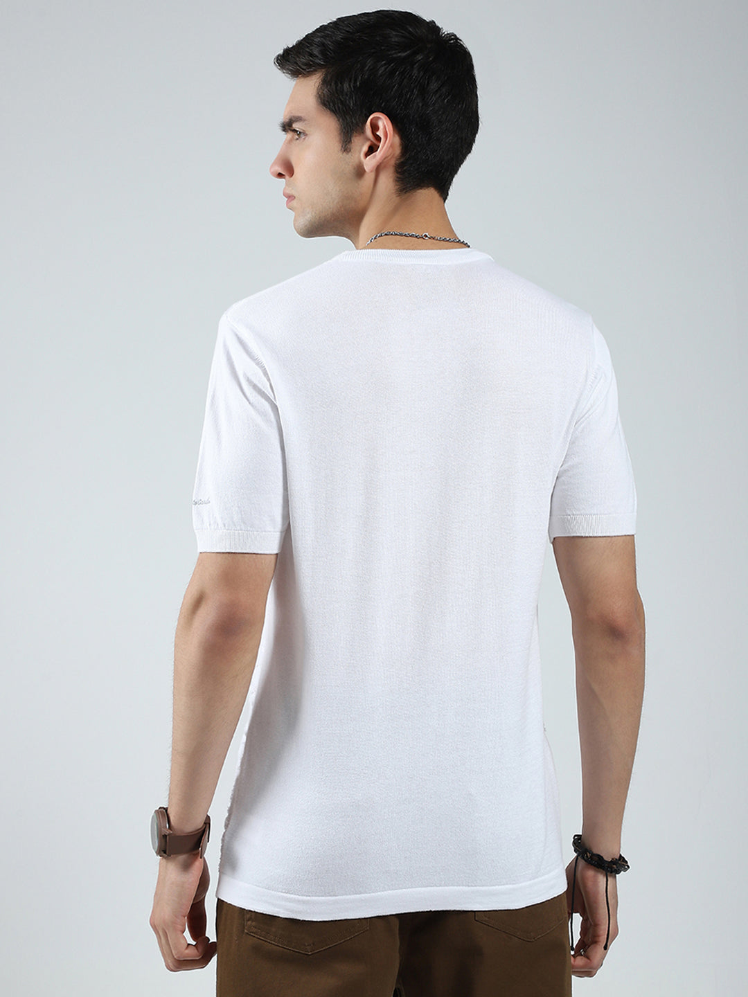 Men White Self Design Round Neck Half Sleeve T-Shirt