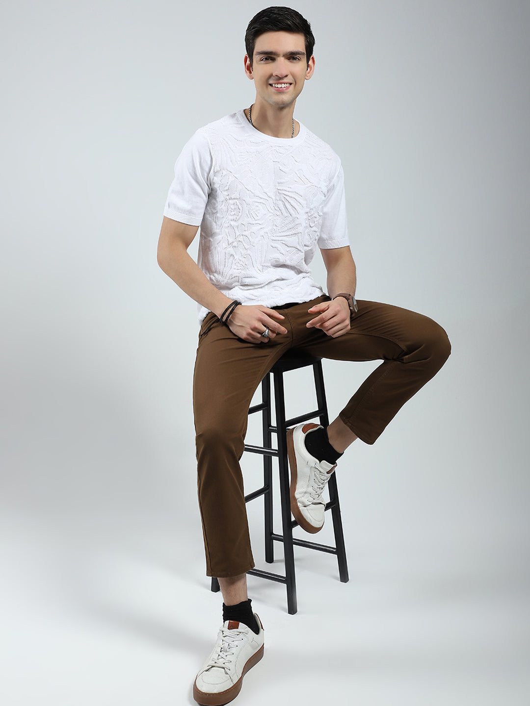 Men White Self Design Round Neck Half Sleeve T-Shirt