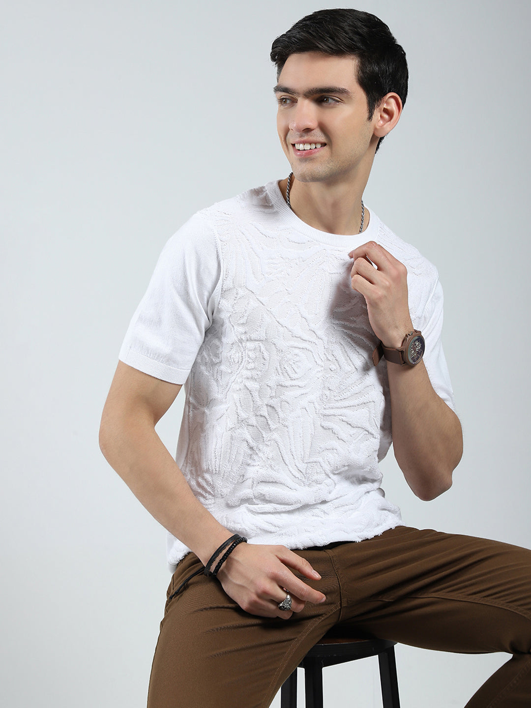 Men White Self Design Round Neck Half Sleeve T-Shirt