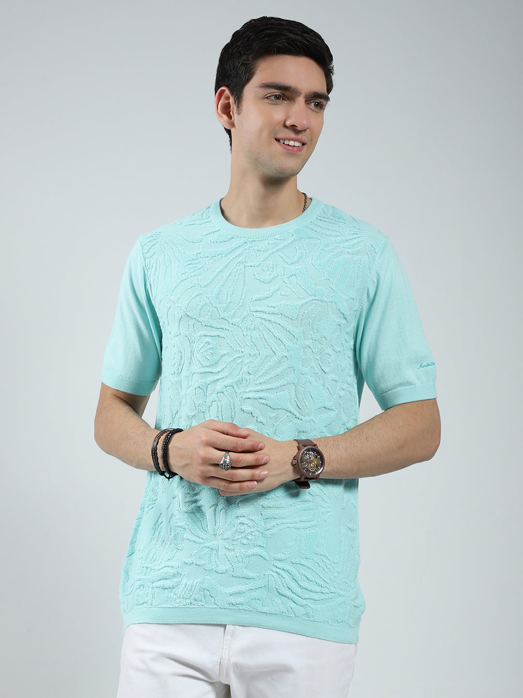 Men Green Self Design Round Neck Half Sleeve T-Shirt