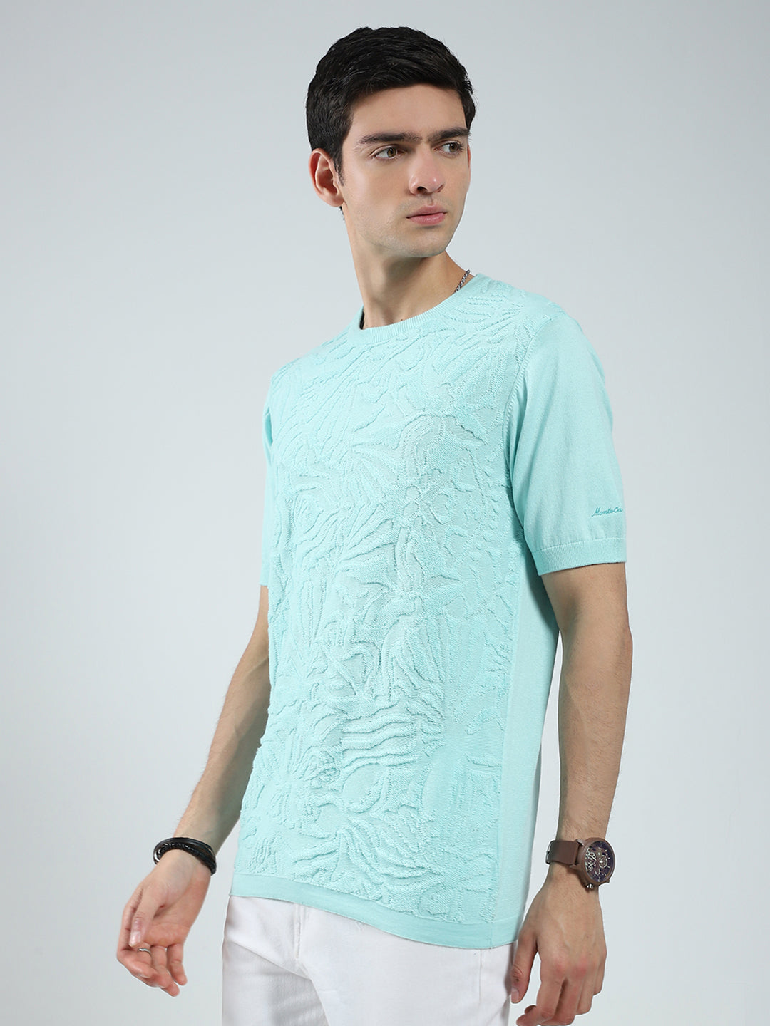 Men Green Self Design Round Neck Half Sleeve T-Shirt
