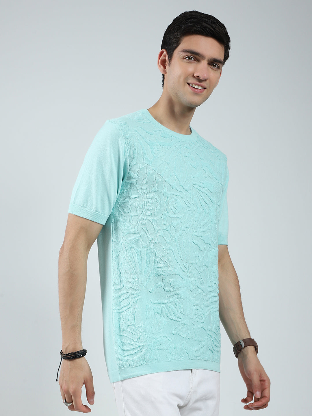 Men Green Self Design Round Neck Half Sleeve T-Shirt