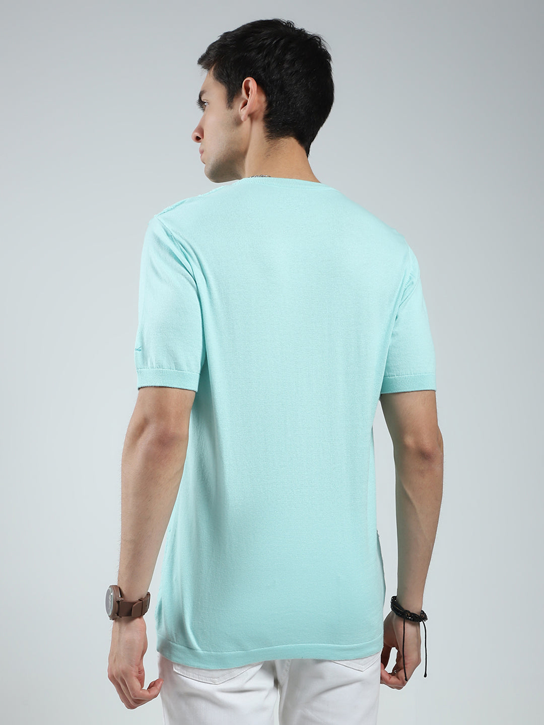 Men Green Self Design Round Neck Half Sleeve T-Shirt