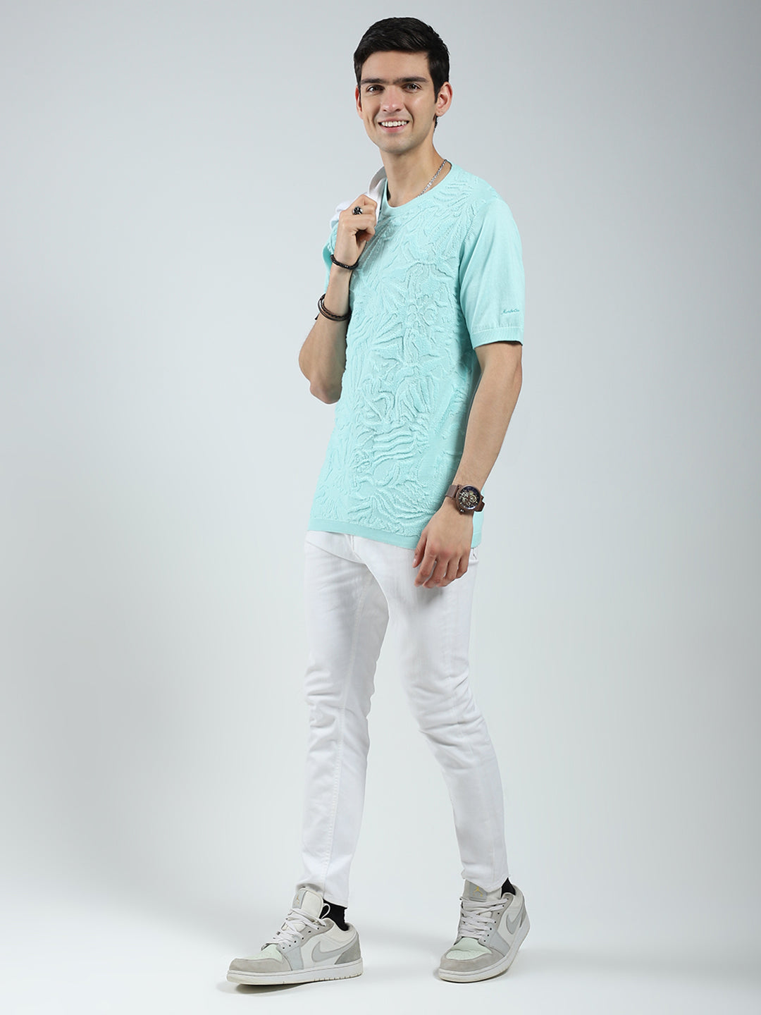 Men Green Self Design Round Neck Half Sleeve T-Shirt