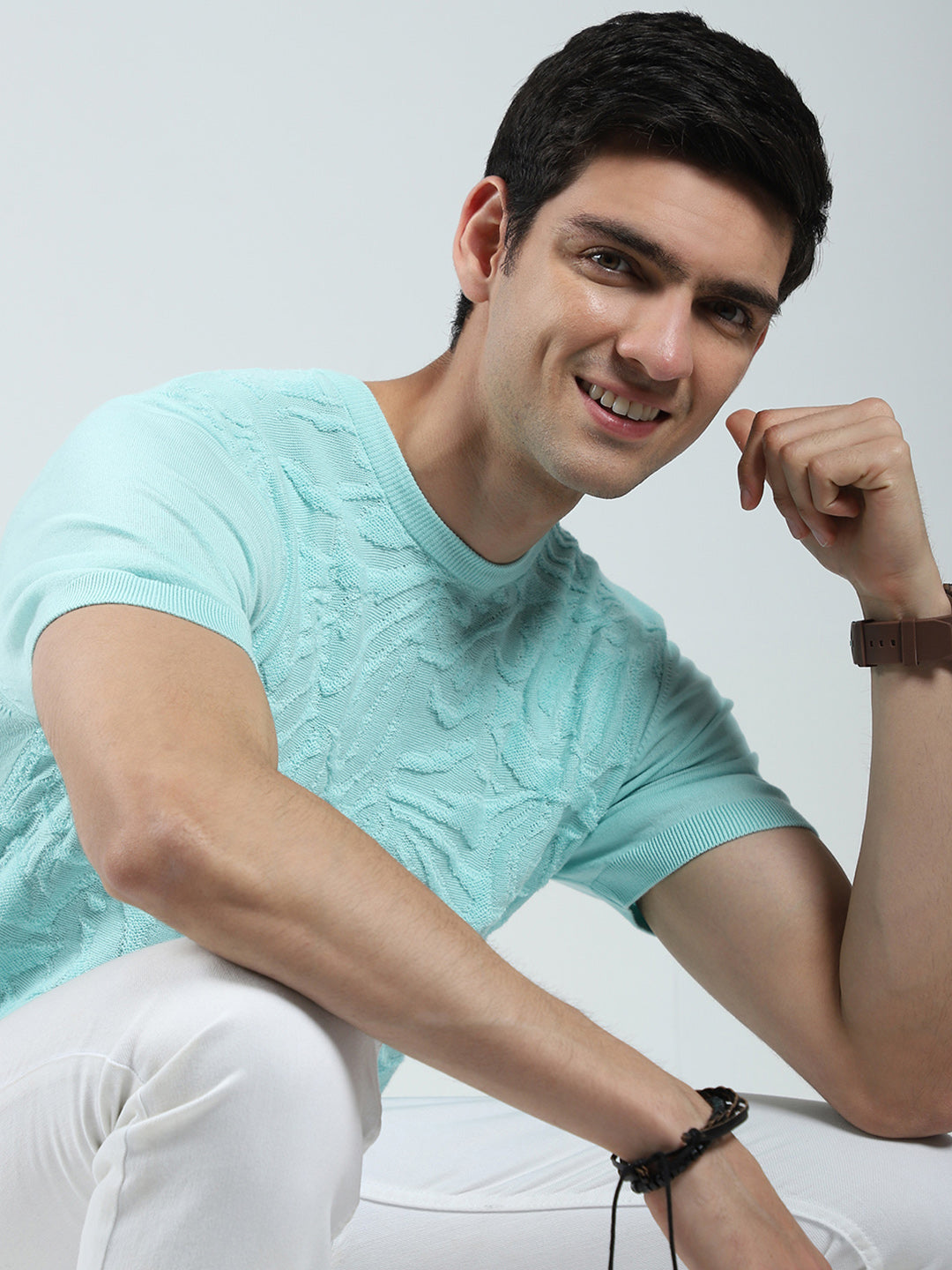 Men Green Self Design Round Neck Half Sleeve T-Shirt