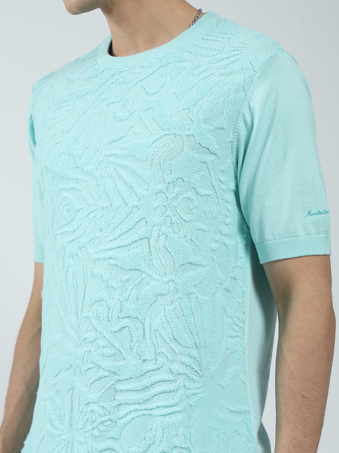 Men Green Self Design Round Neck Half Sleeve T-Shirt