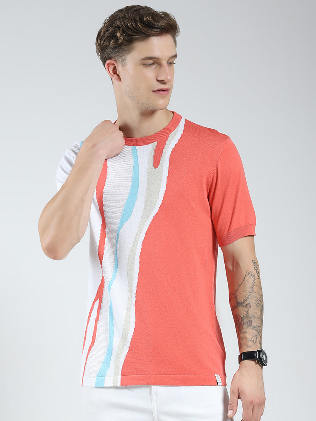 Men Pink Self Design Round Neck Half Sleeve T-Shirt