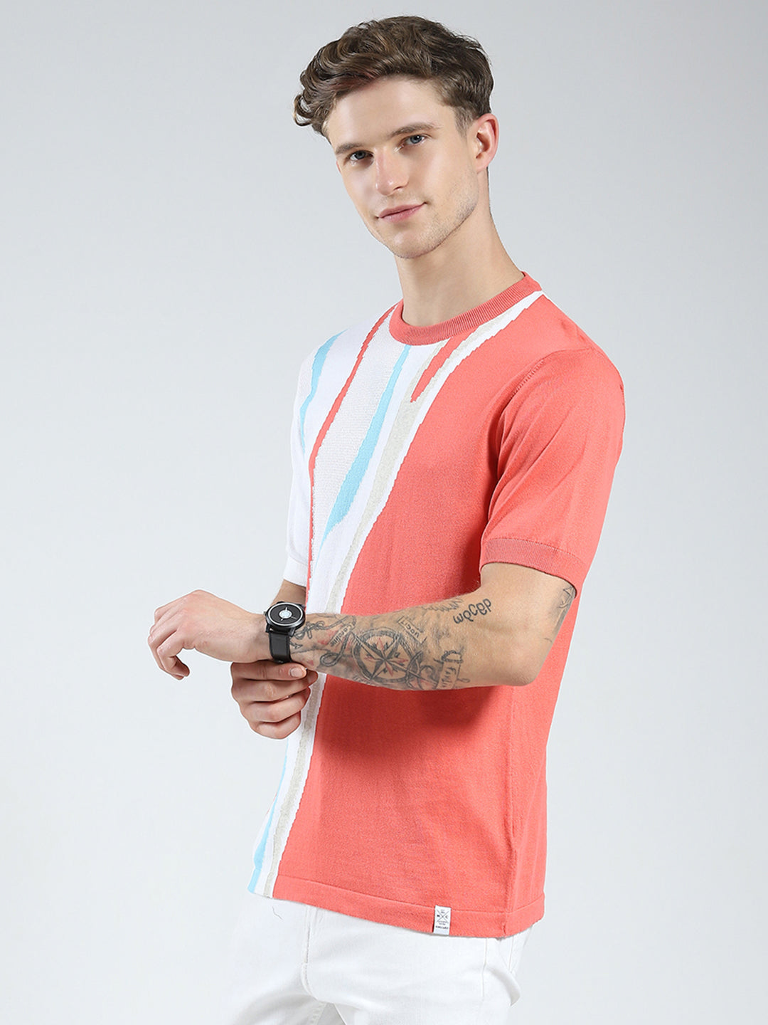 Men Pink Self Design Round Neck Half Sleeve T-Shirt