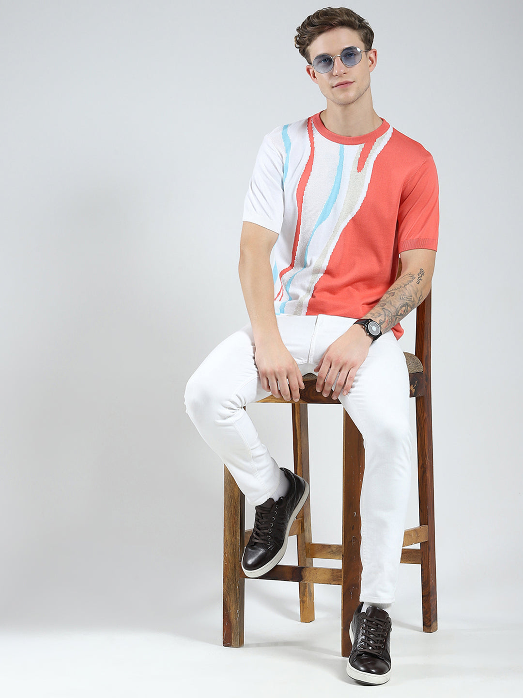 Men Pink Self Design Round Neck Half Sleeve T-Shirt