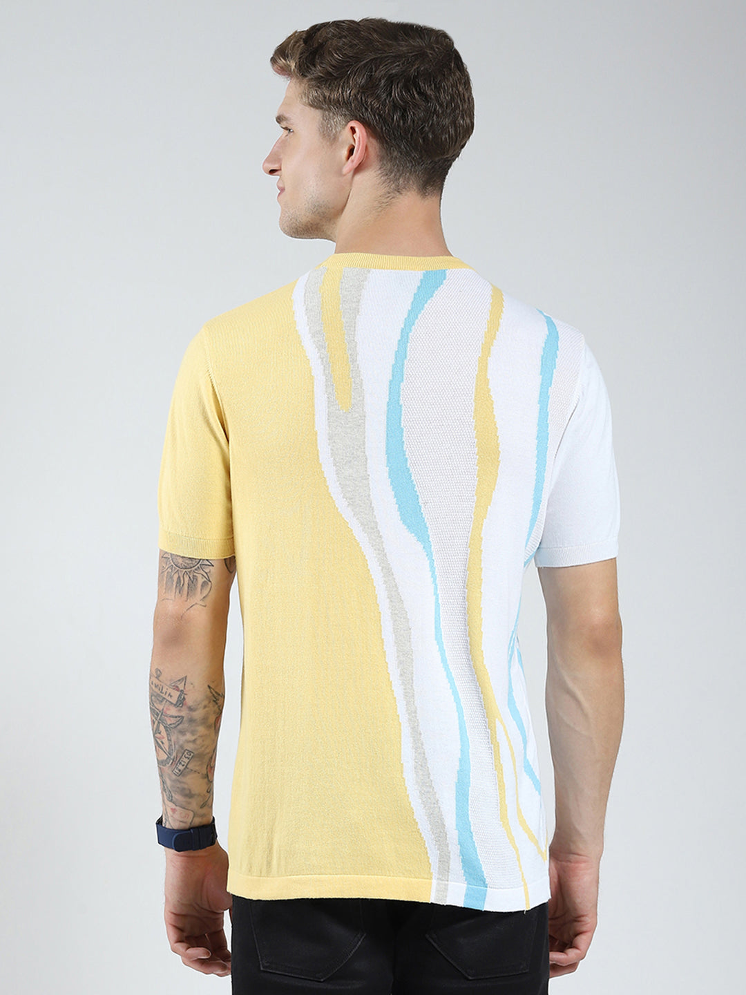 Men Yellow Self Design Round Neck Half Sleeve T-Shirt