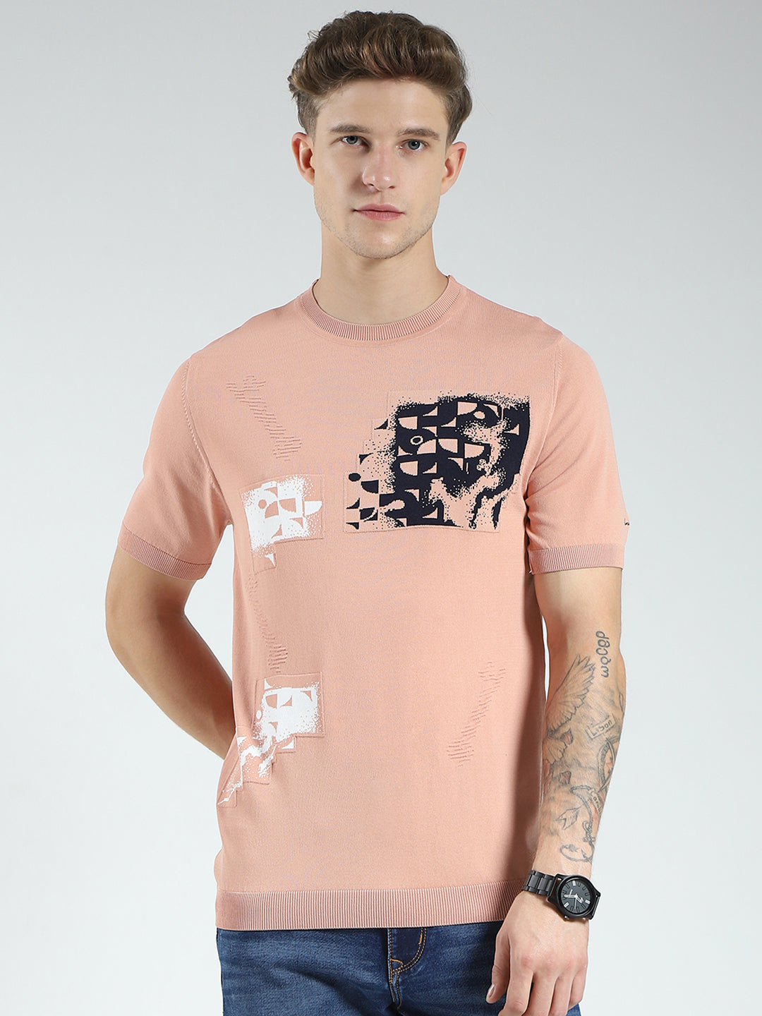 Men Peach Printed Round Neck Half Sleeve T-Shirt