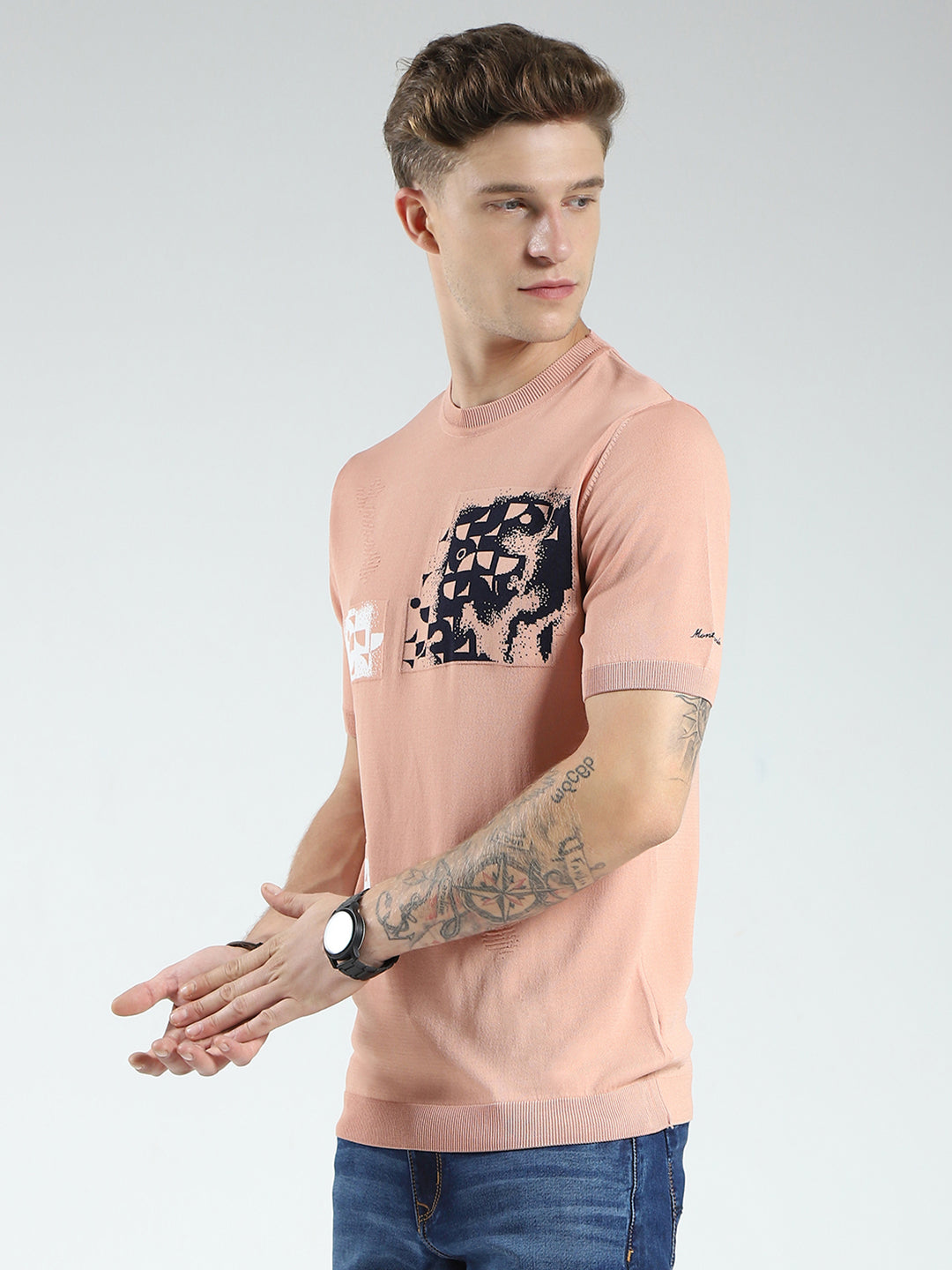 Men Peach Printed Round Neck Half Sleeve T-Shirt