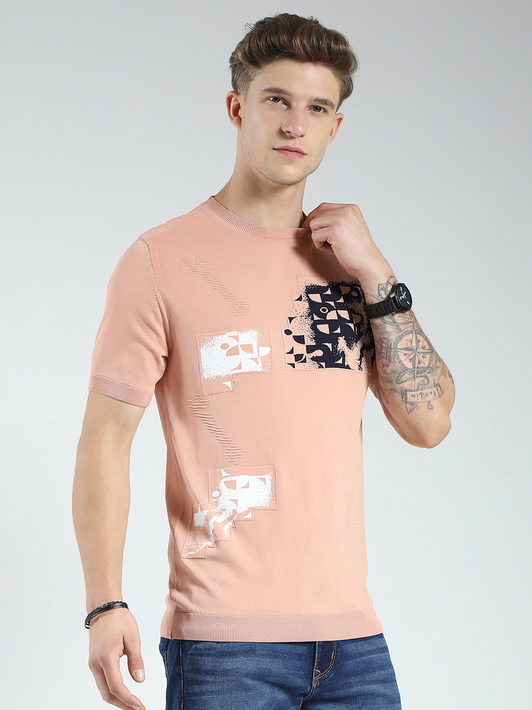 Men Peach Printed Round Neck Half Sleeve T-Shirt