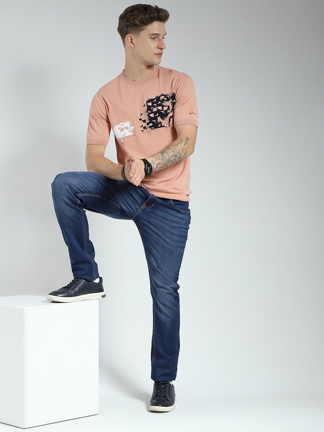 Men Peach Printed Round Neck Half Sleeve T-Shirt