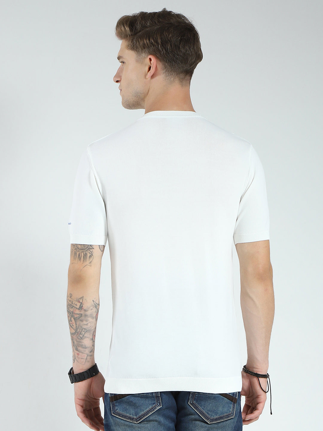 Men White Printed Round Neck Half Sleeve T-Shirt