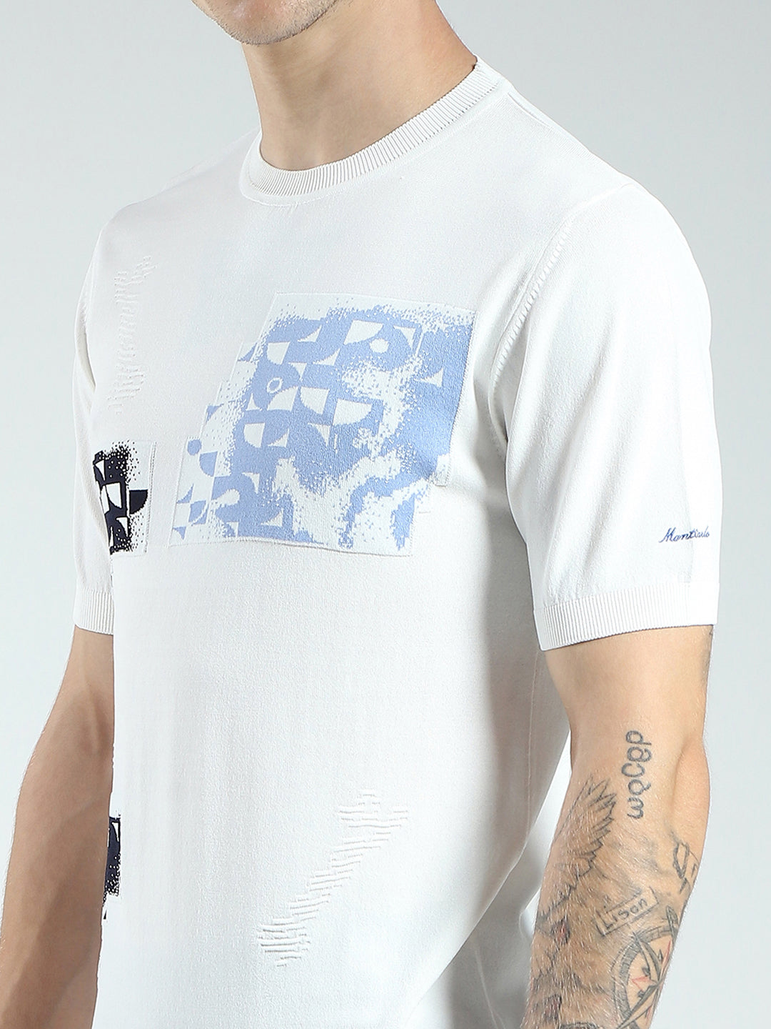 Men White Printed Round Neck Half Sleeve T-Shirt