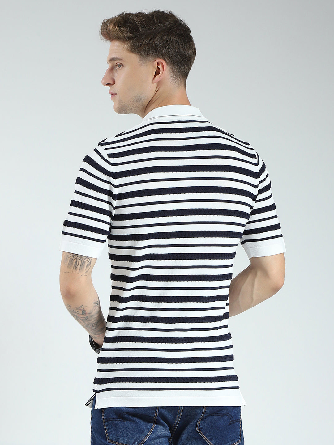 Men White Stripe Collar Half Sleeve T-Shirt