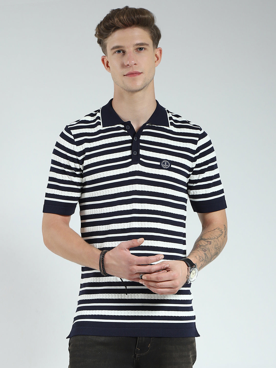 Men Navy Blue Stripe Collar Half Sleeve T-Shirt
