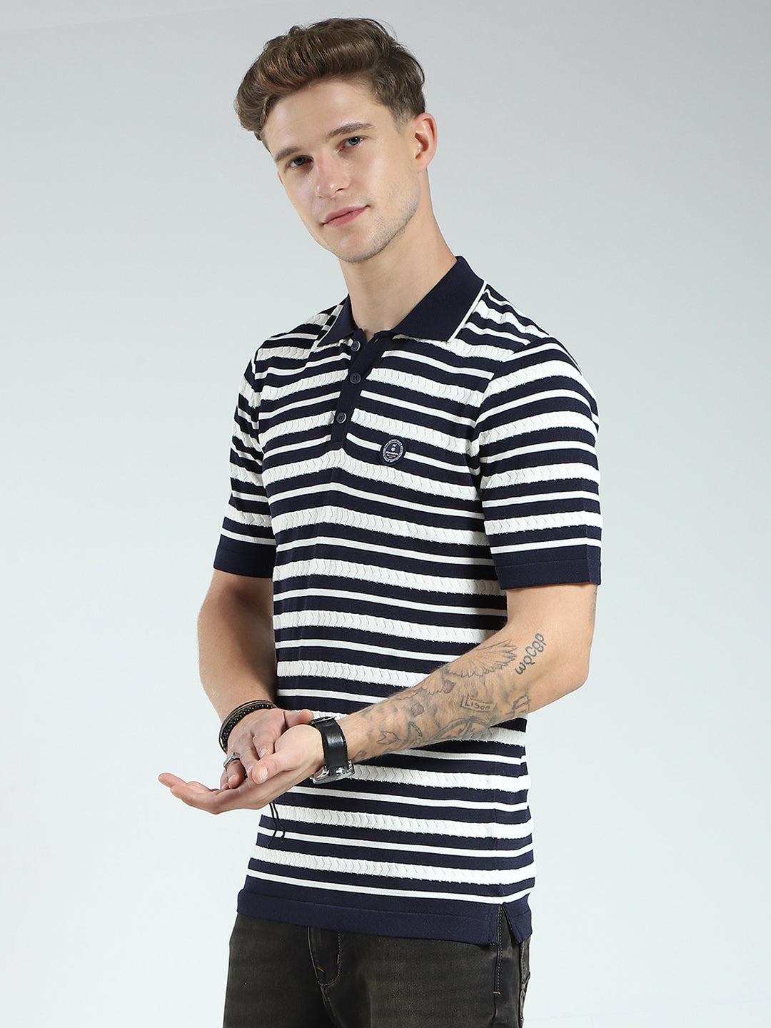 Men Navy Blue Stripe Collar Half Sleeve T-Shirt