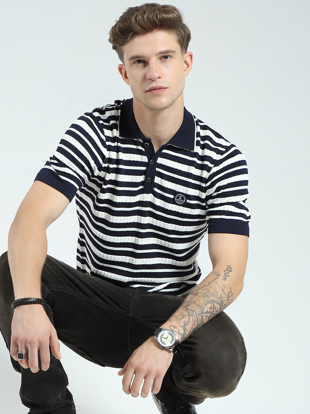 Men Navy Blue Stripe Collar Half Sleeve T-Shirt