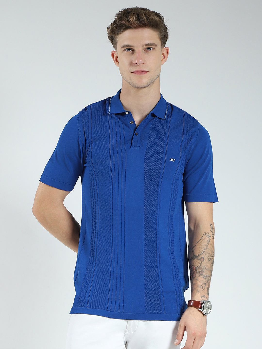 Men Blue Self Design Collar Half Sleeve T-Shirt