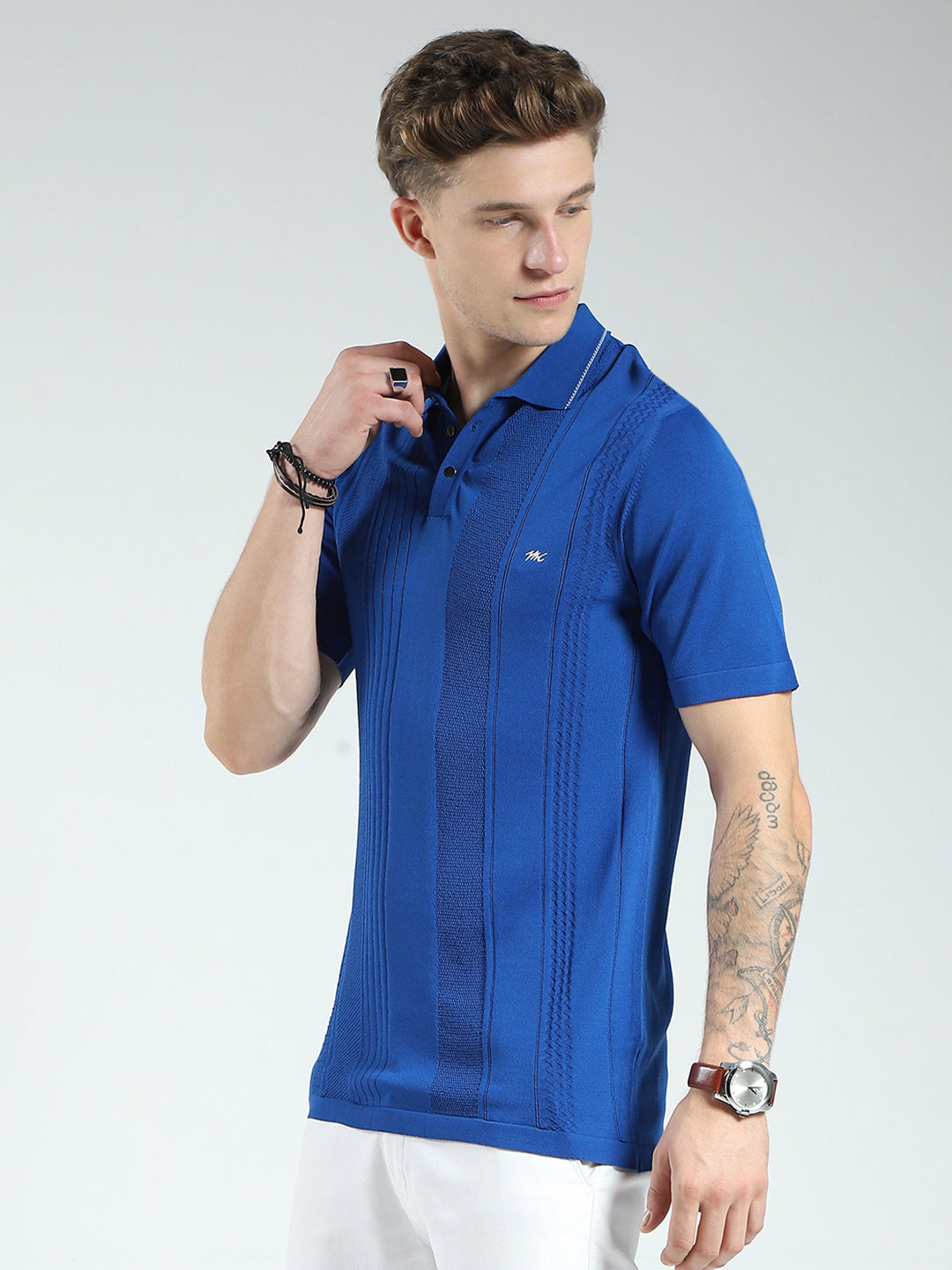 Men Blue Self Design Collar Half Sleeve T-Shirt