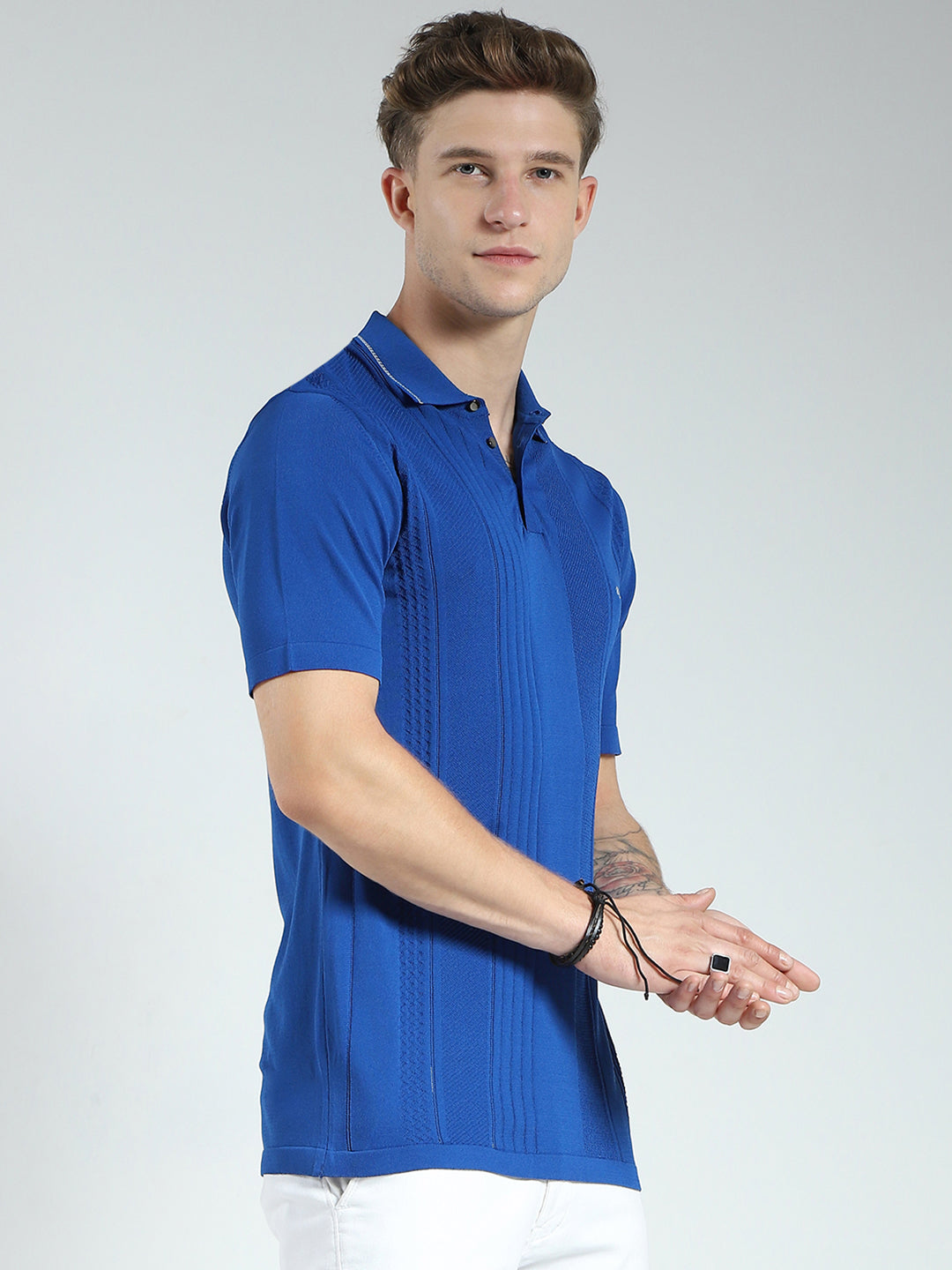 Men Blue Self Design Collar Half Sleeve T-Shirt