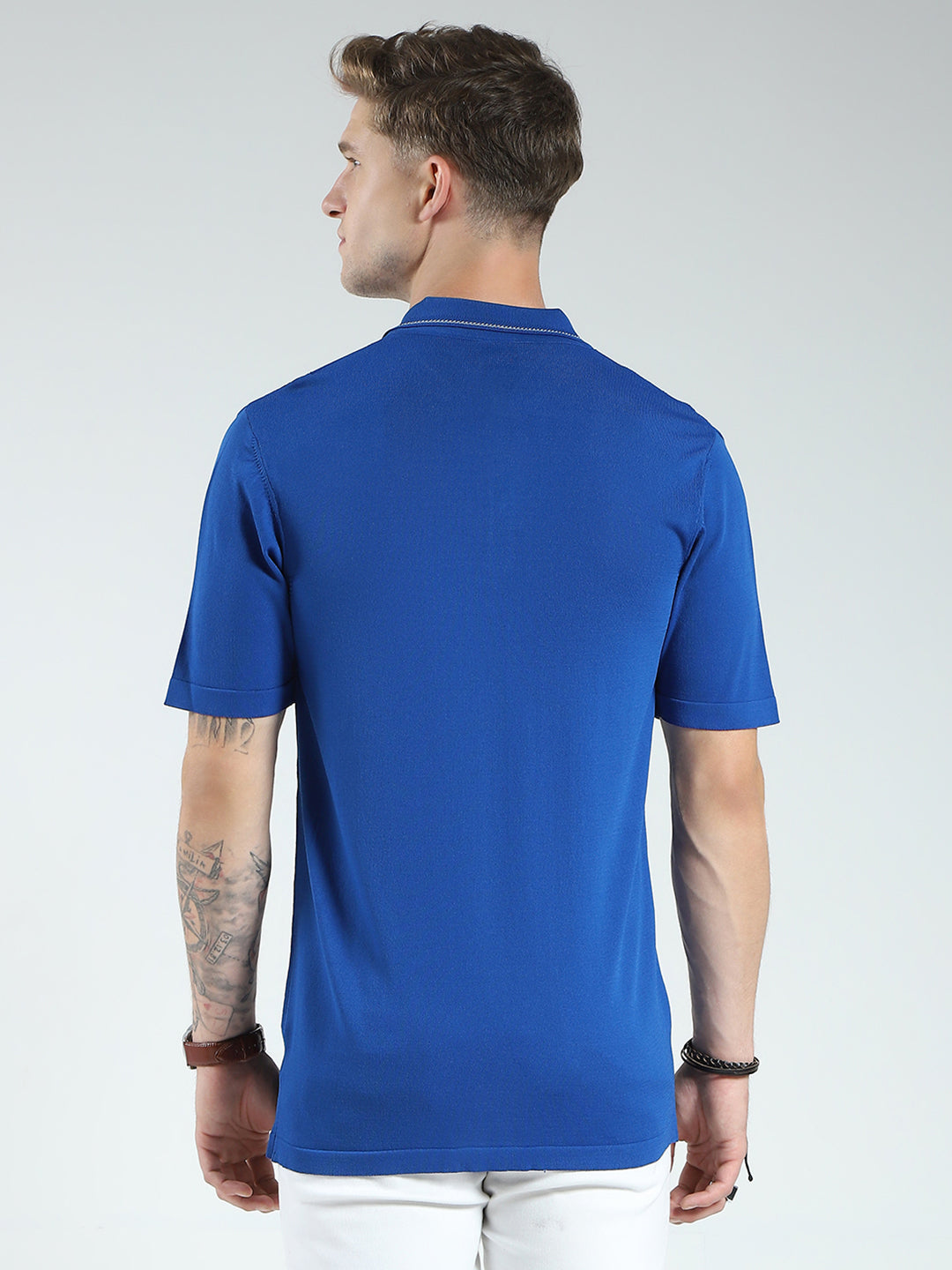 Men Blue Self Design Collar Half Sleeve T-Shirt