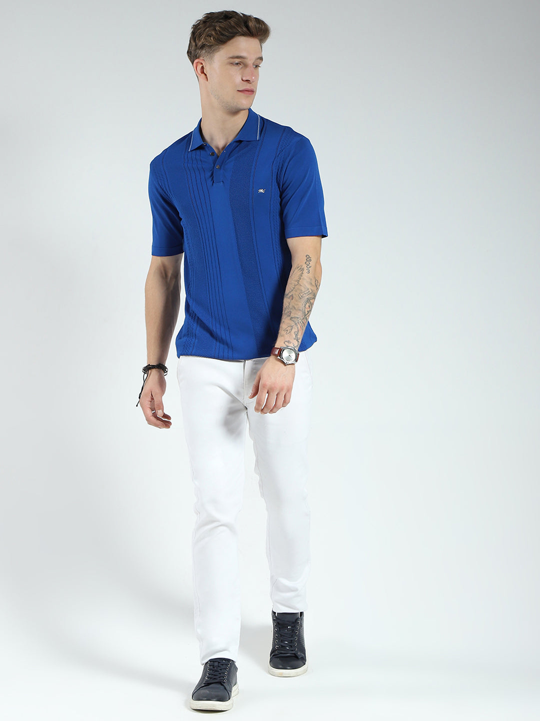 Men Blue Self Design Collar Half Sleeve T-Shirt