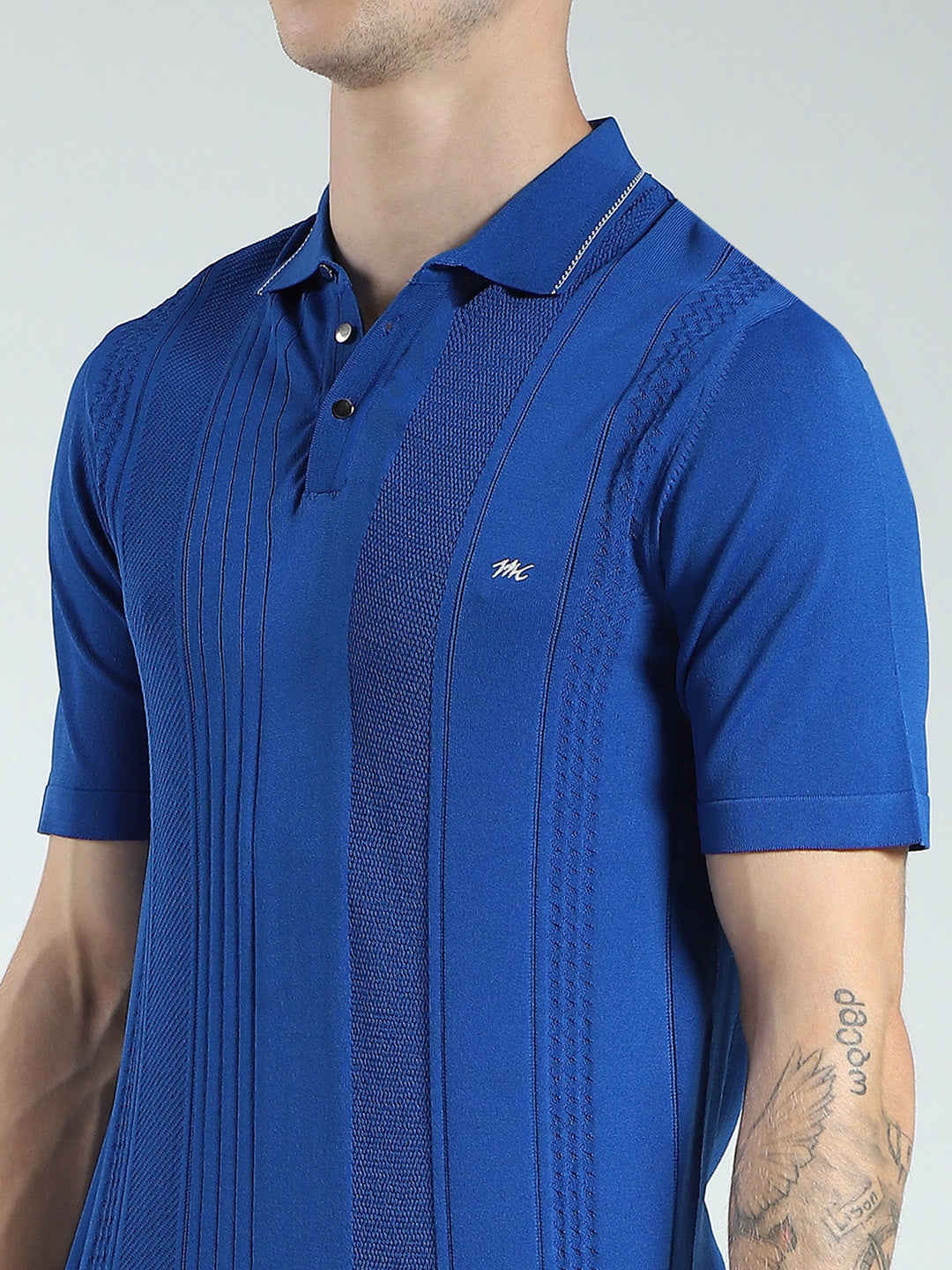 Men Blue Self Design Collar Half Sleeve T-Shirt