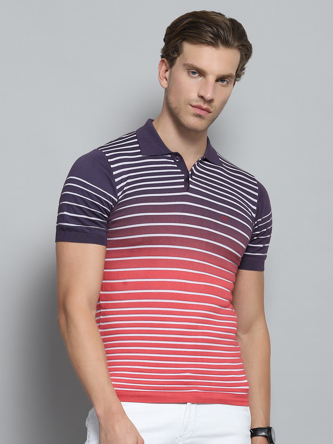 Men Purple Stripe Collar Half Sleeve T-Shirt
