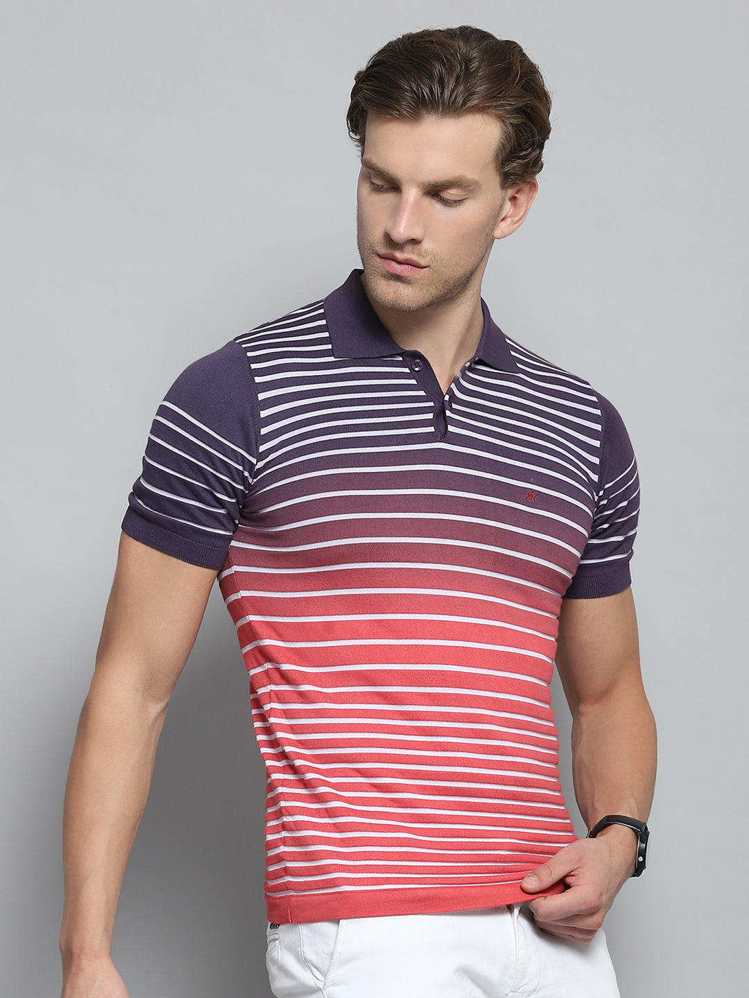 Men Purple Stripe Collar Half Sleeve T-Shirt