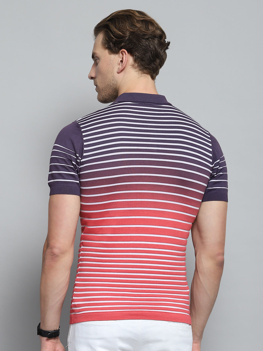 Men Purple Stripe Collar Half Sleeve T-Shirt